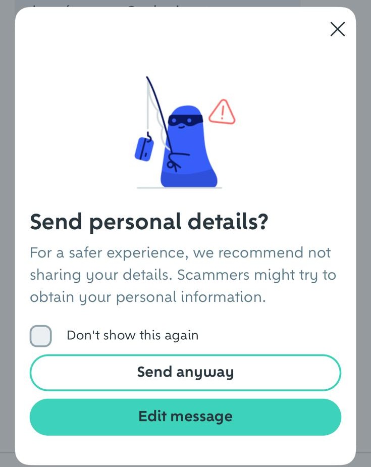 Aviso emergente de Wallapop: Send personal details? con el texto For a safer experience, we recommend not sharing your details. Scammers might try to obtain your personal information, y los botones Send anyway y Edit message