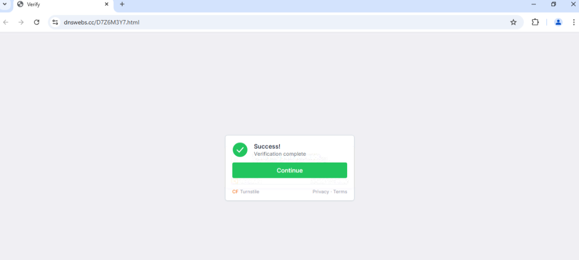Navegador en dnswebs[.]cc mostrando un widget con Success! Verification complete, un botón Continue y el pie CF Turnstile · Privacy · Terms