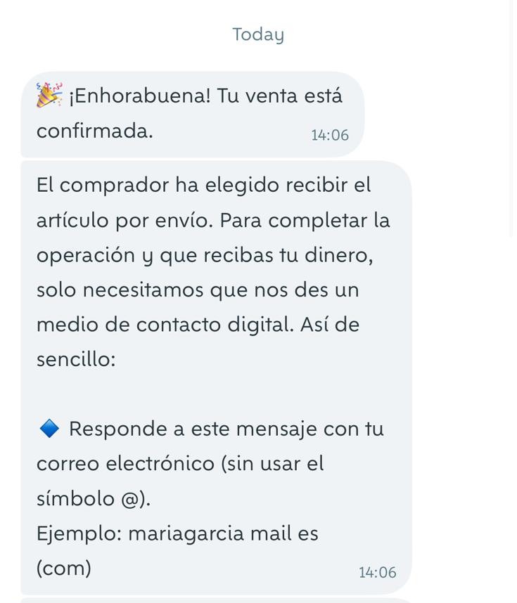 Chat de Wallapop pidiendo responder con el correo electrónico sin usar el símbolo arroba, con el ejemplo mariagarcia mail es (com)