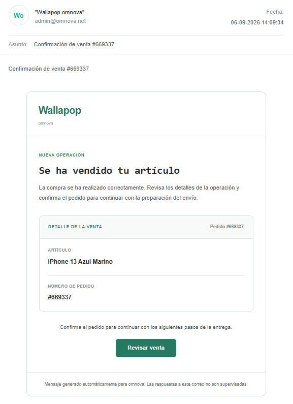 Correo de phishing renderizado: remitente Wallapop omnova admin@omnova[.]net, asunto Confirmación de venta #669337, cuerpo con Se ha vendido tu artículo, iPhone 13 Azul Marino y botón Revisar venta