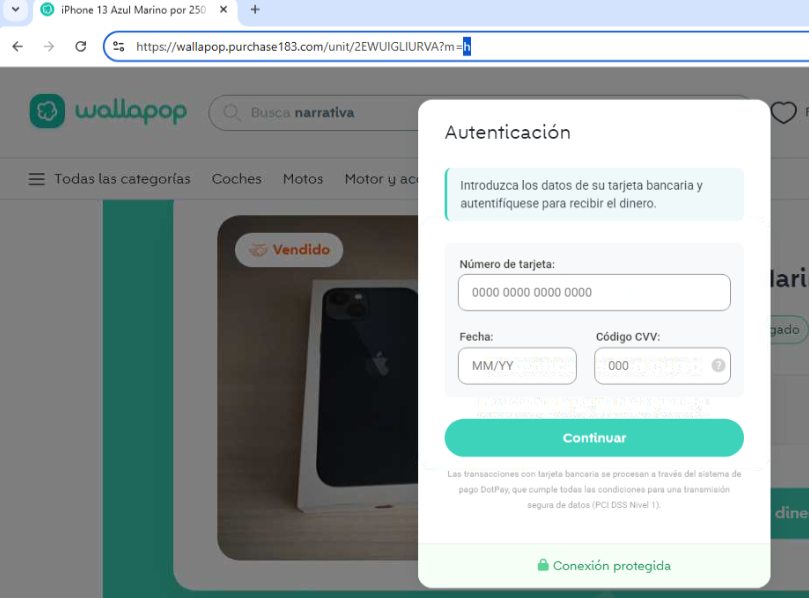 Ventana Autenticación sobre la web falsa pidiendo número de tarjeta, fecha MM/YY y código CVV, con el texto autentifíquese para recibir el dinero y la mención a DotPay PCI DSS Nivel 1