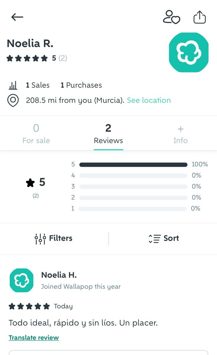 Perfil de Wallapop de Noelia R. con 1 venta, 1 compra, 0 artículos en venta y 2 valoraciones de cinco estrellas fechadas hoy, de Noelia H. y Noelia G.