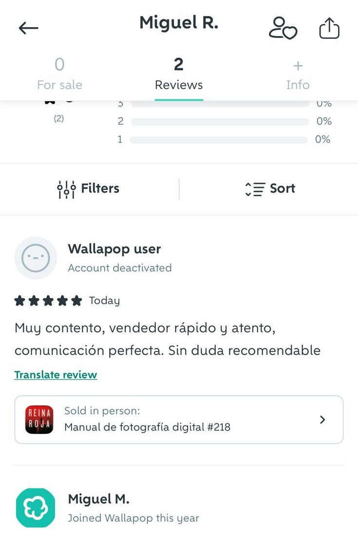 Perfil de Wallapop de Miguel R. con 0 artículos en venta y 2 valoraciones, ambas de cinco estrellas y fechadas hoy, una de una cuenta desactivada y otra de Miguel M.